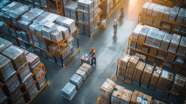 Busy Warehouse Workers Managing Inventory in Industrial Storage Facility