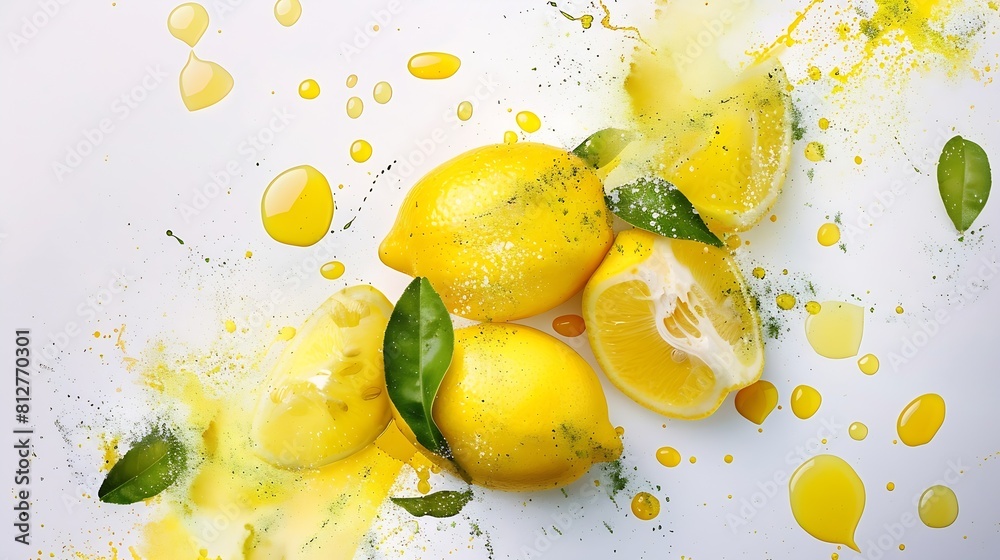 Poster creative layout made of lemon with watercolor spots on the white background flat lay food concept : 