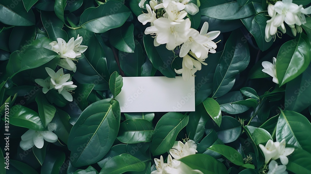 Poster creative layout made of green leaves and white flowers with paper card note flat lay nature concept 
