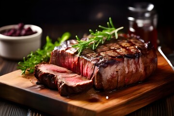 Delicious beef steak on wooden table, close-up