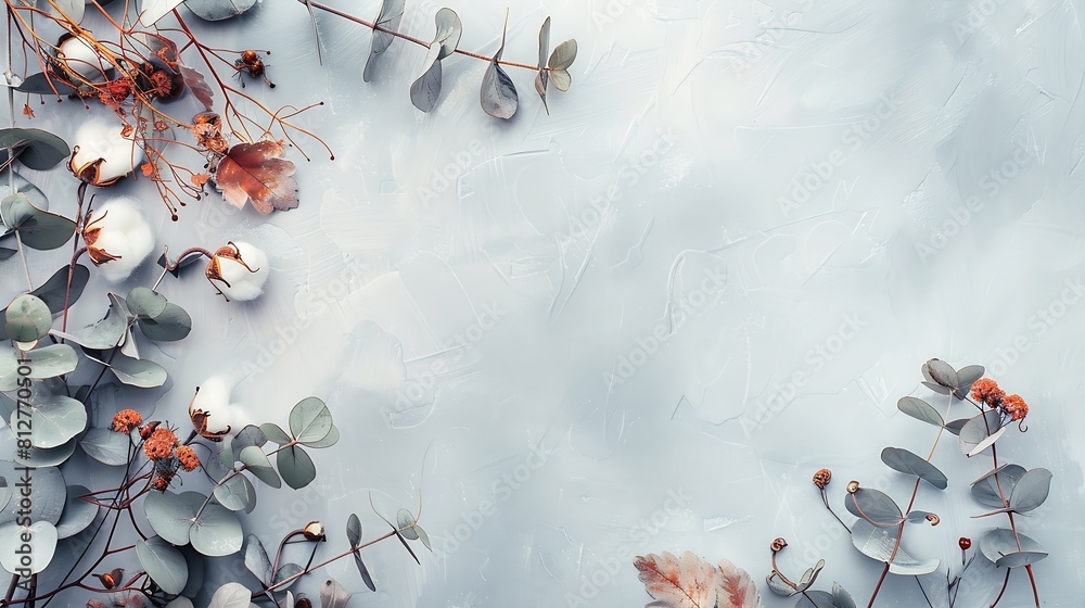 Aufkleber autumn composition frame made of eucalyptus branches cotton flowers dried leaves on pastel gray back