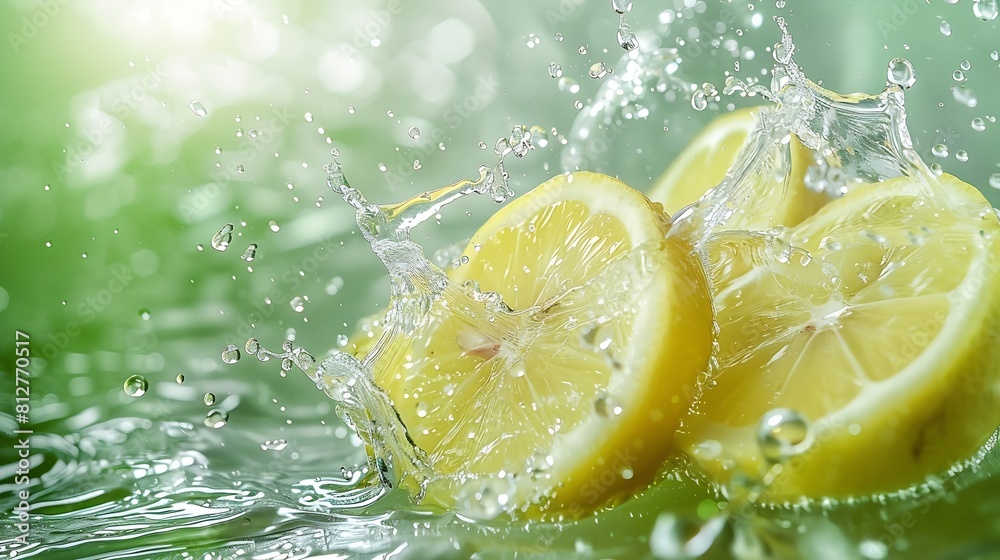 Aufkleber Creative layout made from Fresh Sliced lemon fruit and water Splashing on a green background : Generative AI