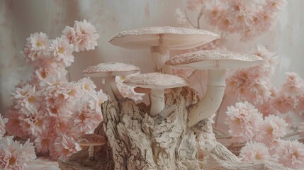 A group of mushrooms are sitting on a log in front of a pink flower arrangement - Powered by Adobe