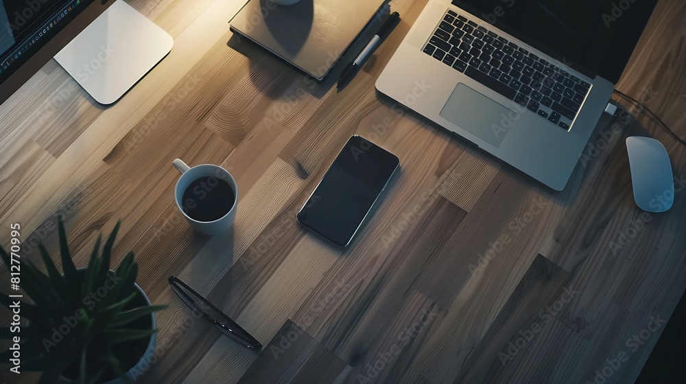 Aufkleber Wood office desk table with smartphone laptop computer and supplies Top view with copy space flat lay : Generative AI