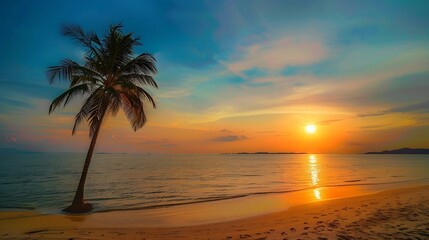 Island palm tree sea sand beach Panoramic beach landscape Inspire tropical beach seascape horizon Orange and golden sunset sky calmness tranquil relaxing summer mood Vacation travel ho : Generative AI