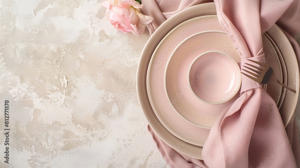 Aufkleber Beige ceramic plates and a pink napkin on a beige stone table Top view copy of space Table setting menu background layout recipe background food flat layout : Generative AI