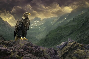 Bald Eagle sitting on a rock in the mountains,   render