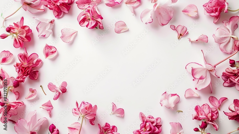 Aufkleber flowers composition frame made of pink flowers on white background valentines day background flat la
