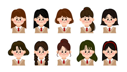 High school girls in school uniforms. Various hairstyles and faces. Set of people, Set of faces