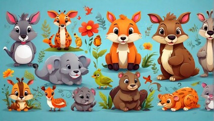 Big vector set with animals in cartoon style. Vector collection with mammals on a children's theme.