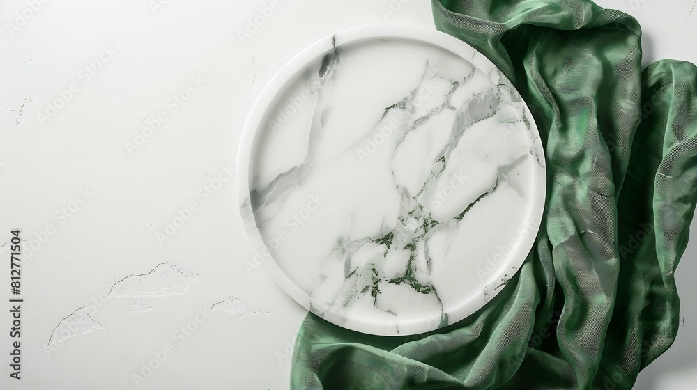 Poster Empty marble plate with green fabric on white textured background Minimalist summer table setting Eco friendly style Top view : Generative AI