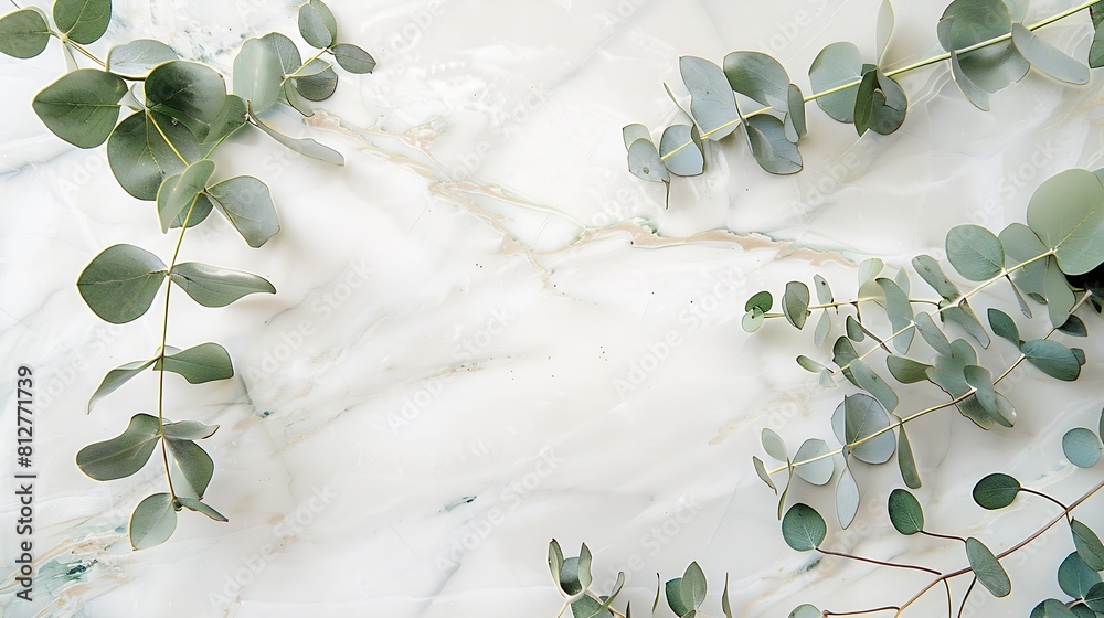 Poster watercolor eucalyptus branches on marble stone table top view floral composition flat lay top view c