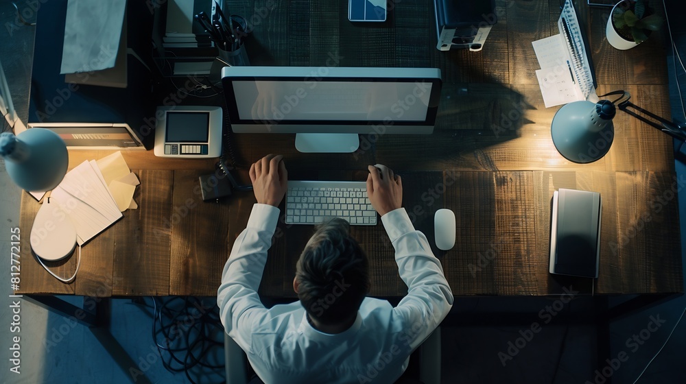 Leinwandbilder new jobs concept Top view of a businessman using his work computer on a desk : Generative AI