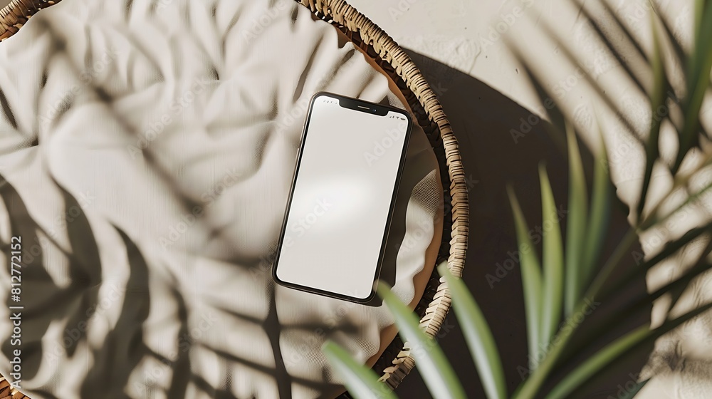 Leinwandbilder blank screen mobile phone with copy space on rattan stool flat lay top view copy space mockup templa