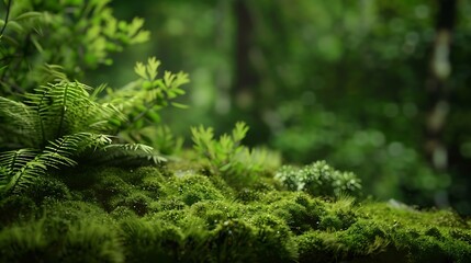 Green moss and background Backdrop for displaying products Dark forest background : Generative AI