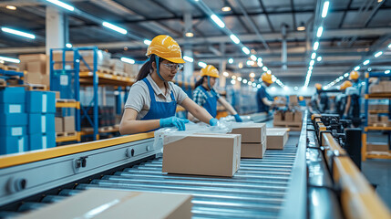 Efficient Female Worker Packaging Products in Industrial Warehouse Setting