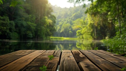 Fototapeta premium Wooden table top on blur green forest and lake or swampFresh and Relax conceptFor montage product display or design key visual layoutView of copy space : Generative AI