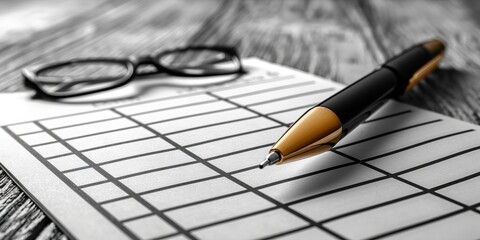 A sheet of paper with a pen and glasses resting on it, ready for writing or reading