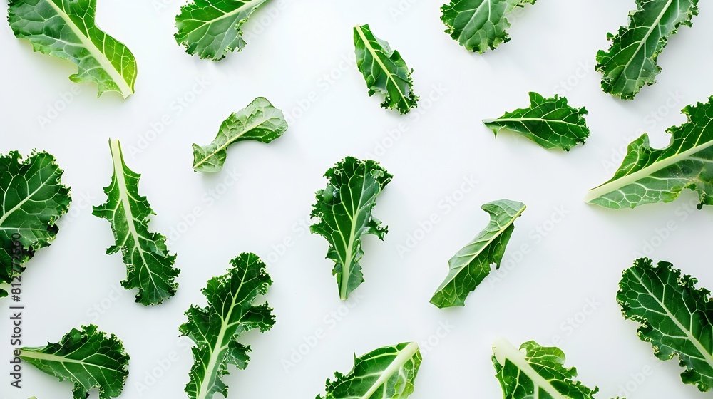 Poster creative layout made of kale on white background flat lay food concept macro concept : generative ai
