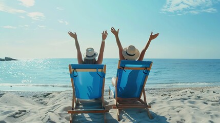 Two happy people having fun on the beach sitting on blue sunbed with hands raised up spending leisure time together Summer holidays concept Tourism Travelers : Generative AI