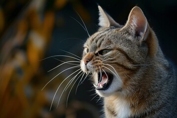 Highresolution image capturing the intense expression of an agitated tabby cat with bared teeth