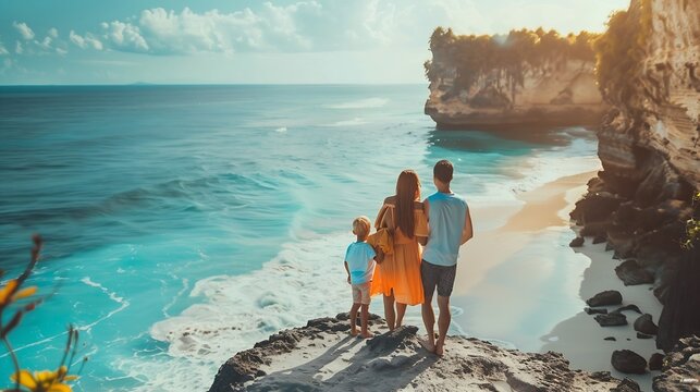 Happy family travel  mother baby son daughter stand on cliff steps look at sea surf on white sand beach Active parent lifestyle people outdoor activity on summer vacation with child on : Generative AI