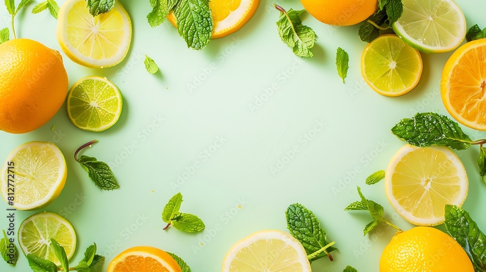 Aufkleber Citrus slices and mint herbs frame on retro mint pastel background with copyspace from above Top view of lemon and orange refreshment Summer fruit smoothie minimal banner design : Generative AI