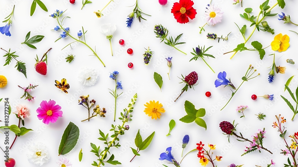Poster seamless pattern from plants wild flowers and berries isolated on white background flat lay top view