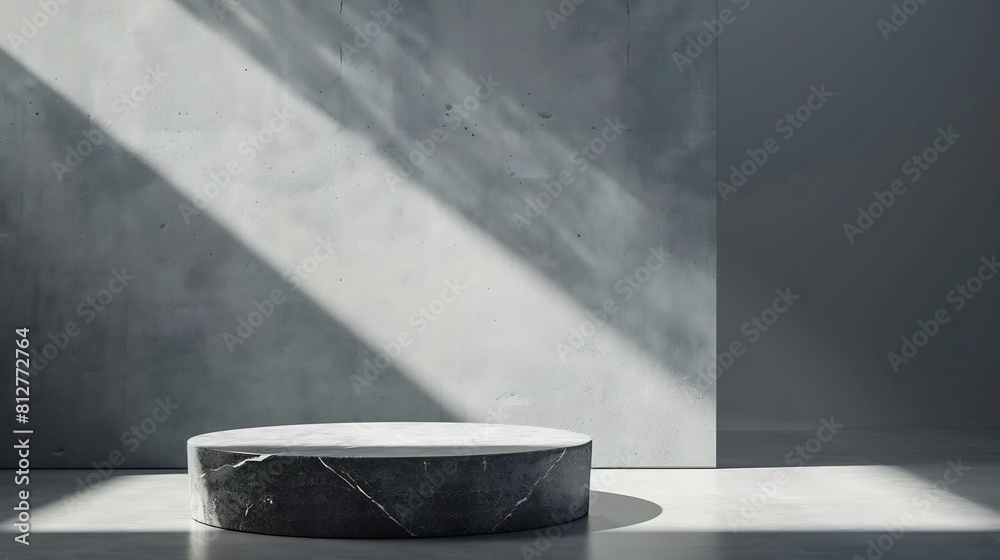 Poster minimalism background of stone pedestal and gray wall with shadows : generative ai