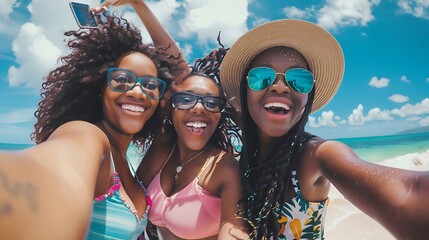 Summer selfie beach and black women friends enjoy holiday vacation and weekend travel together Happiness ocean and group of people smiling laughing and fun for social media picture at  : Generative AI