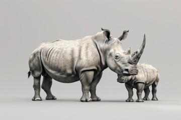 Fototapeta premium A heartwarming image of a rhino and a baby rhino standing side by side. Perfect for illustrating the bond between parent and child