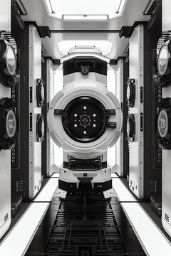 Create a realistic black and white image of a futuristic sci-fi spaceship interior. Generative ai.