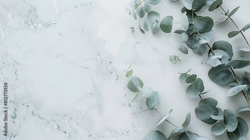 Poster marble paper blank eucalyptus branches on pastel gray background flat lay top view square copy space