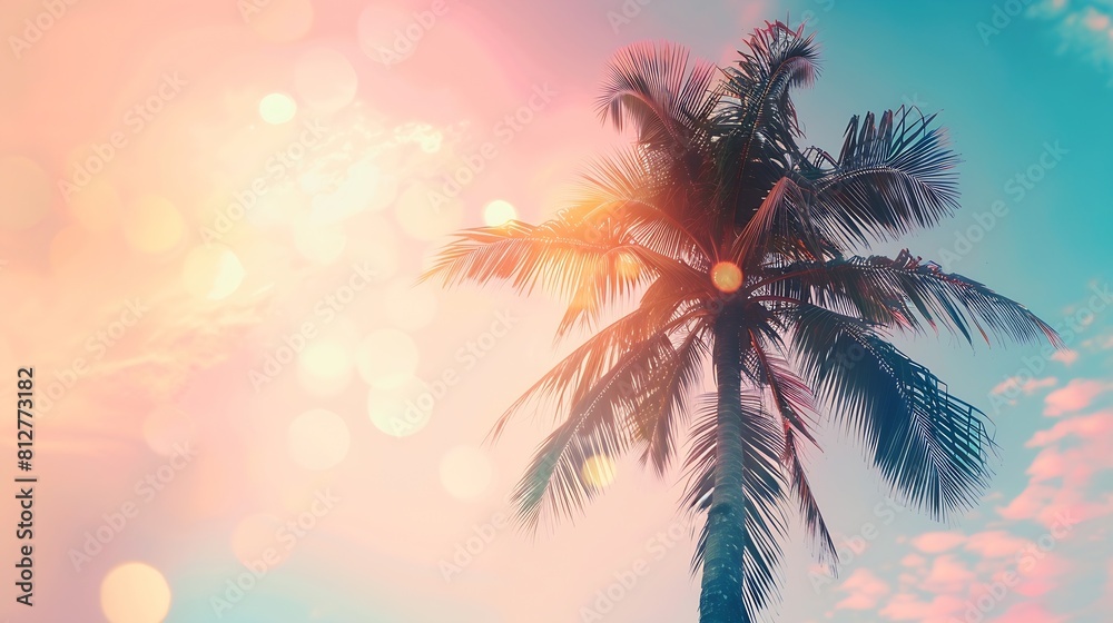 Poster copy space of silhouette tropical palm tree on sunset sky with bokeh light leak abstract background 