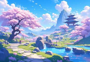 A colorful fantasy landscape with mountains, rocks and cherry blossom trees
