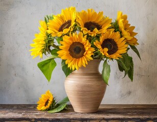 glass vase on the table with blooming sunflowers © Arthur