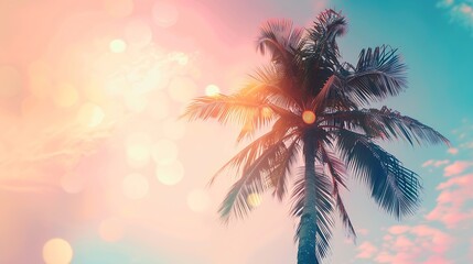 Copy space of silhouette tropical palm tree on sunset sky with bokeh light leak abstract background...