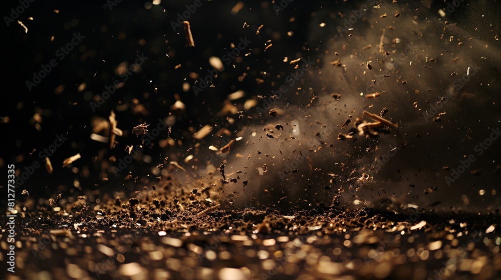 Poster Dust and wood chips on a black background Dirt particles fly in the air Layout for design Some dust particles are blurred to transmit the effect of motion : Generative AI