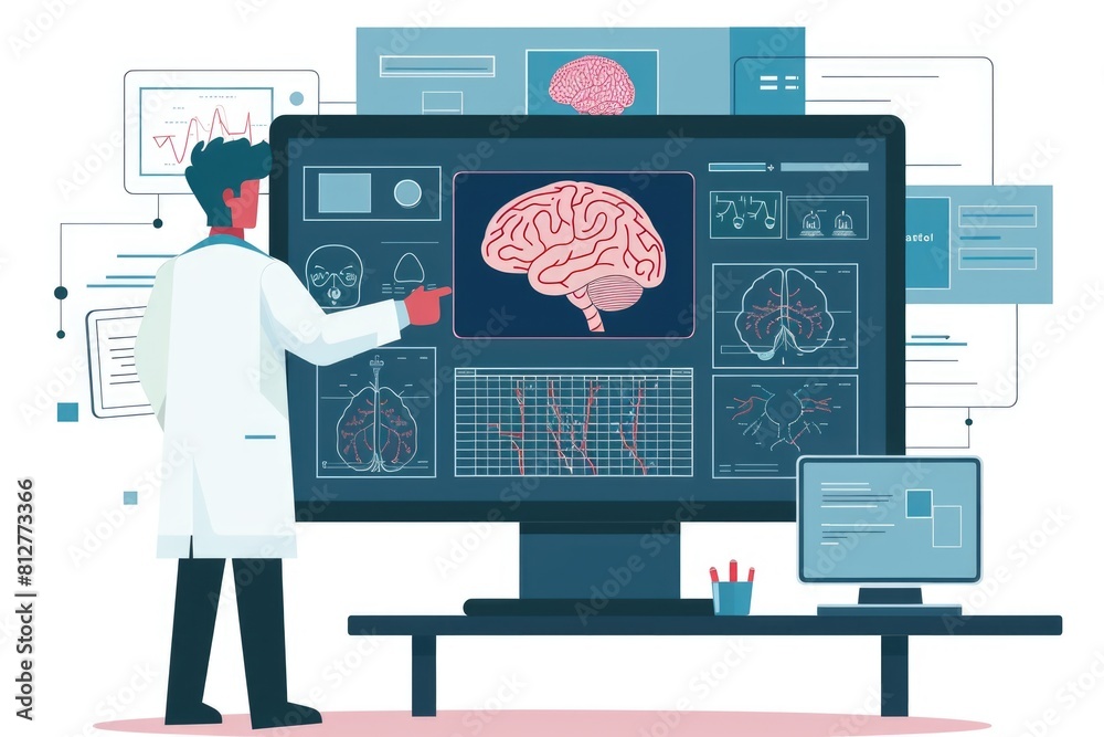 Poster a man in a lab coat examining a brain scan on a computer screen. suitable for medical, technology or