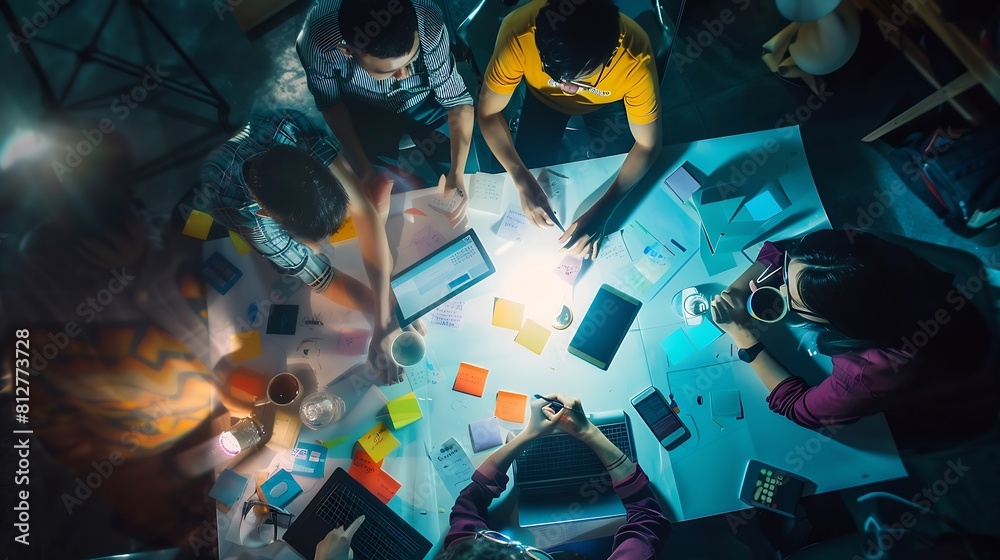 Aufkleber Brainstorm planing creative asian teamwork Group of asia mobile phone app developer team meeting for ideas about screen display prototype smartphone layout ux startup small business to : Generative AI