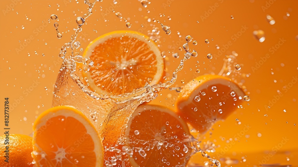 Poster Creative layout made from Fresh Sliced oranges and Orange fruit and water Splashing on a orange background : Generative AI