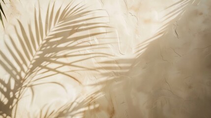 Minimal product placement background with palm shadow on beige plaster wall Luxury summer...