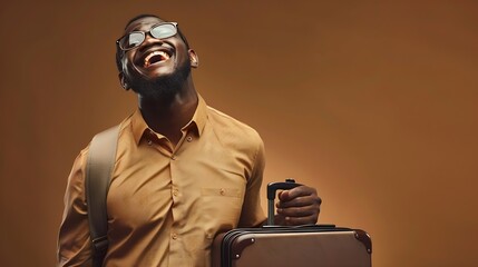 Overjoyed African American man in glasses isolated on brown studio background excited about summer vacation Smiling biracial guy with suitcase ready for summertime travel or journey : Generative AI - Powered by Adobe