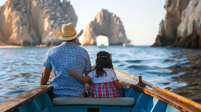 Hispanic Latian Mexican family on a panga ride in Cabo San Lucas visiting El Arco or The Arch the lovers beach in the background : Generative AI