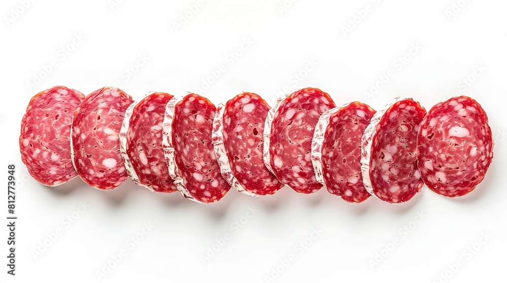 Poster salami sausage slices isolated on white background pieces of sliced salami sausage laid out to creat