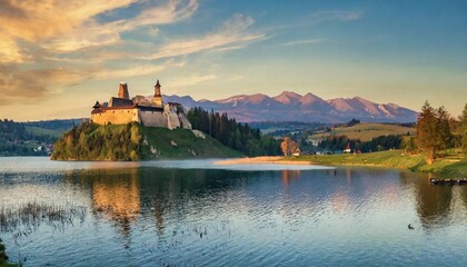 beautiful panorama of czorsztyn lake at sunset castle in czorsztyn castle in niedzica tatry mountains in the background pieniny range - Powered by Adobe