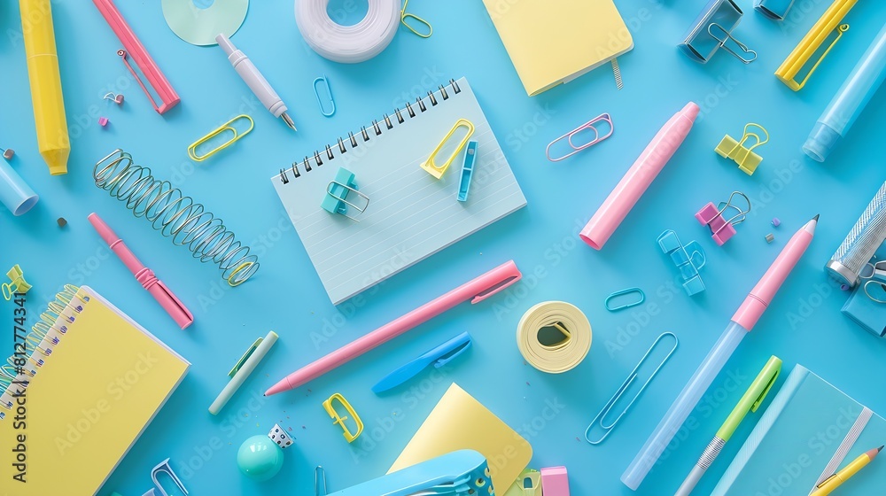 Poster Back to school concept Flat lay style composition with stationery and notepad on blue background Top view overhead : Generative AI
