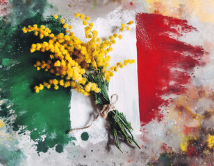 Mimosa flowers bouquet and Italian flag on grunge background