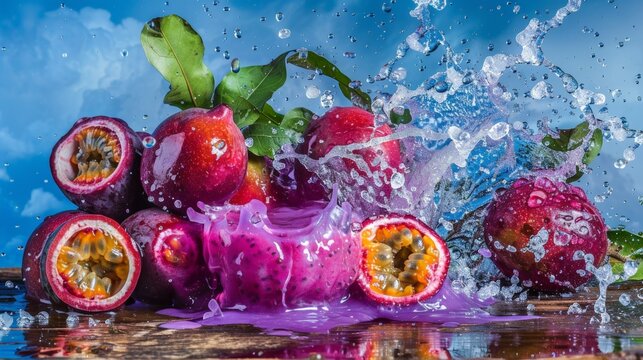 Passion fruits and vibrant splash against blue sky background on wood; captures essence of fresh, juicy delight in nature.........