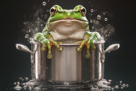 A frog is sitting in a pot of water on a stove. Steam is coming off the top of the frog as it steams up inside the pot. The frog inside is smiling while cooking